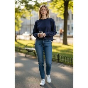 Spanx AirEssentials Navy Blue Long Sleeve Cropped Sweatshirt Crew Neck Womens XL